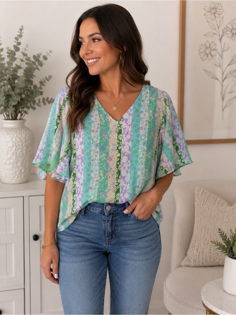 Pastel printed V-Neck Flutter Sleeve Top - Green